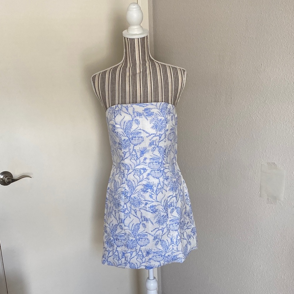 Chic Strapless Blue Floral Dress